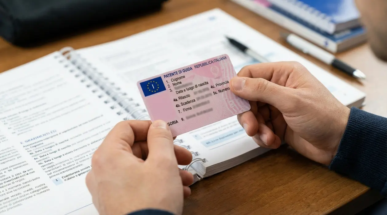 Una persona tiene in mano una patente di guida italiana sopra un manuale di studio aperto.