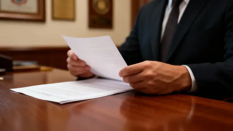 Uomo in giacca seduto a una scrivania mentre legge dei documenti ufficiali