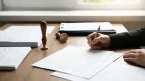 Una persona firma documenti ufficiali su un tavolo con timbri notarili