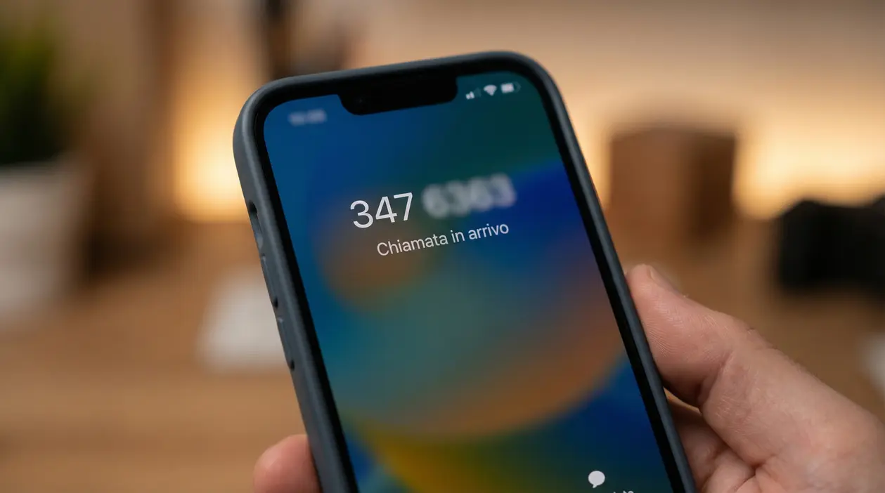Smartphone con schermata di chiamata in arrivo da numero con prefisso 347
