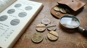 Gettoni telefonici italiani disposti su un tavolo con lente d'ingrandimento e catalogo aperto