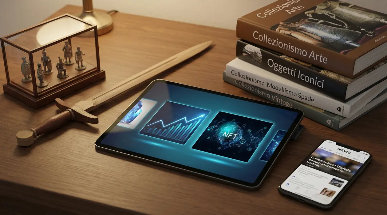 Tablet con grafici NFT su scrivania accanto a libri e oggetti da collezione