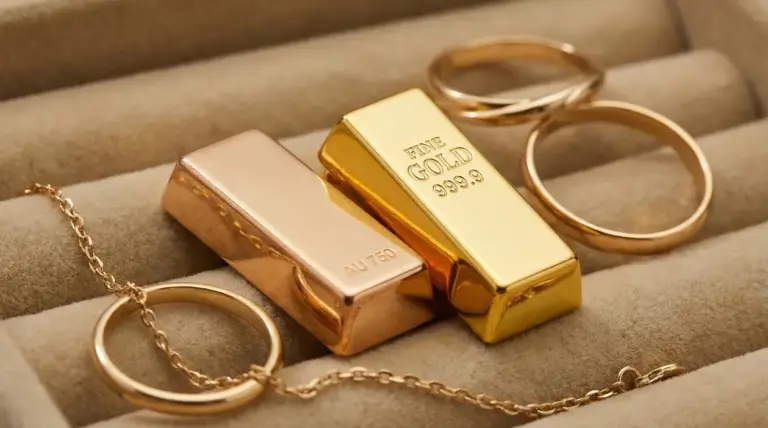 Lingotti d'oro e gioielli in oro su un vassoio beige imbottito