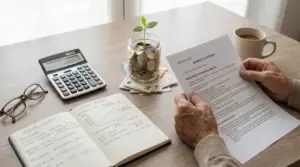 Persona che consulta documenti pensionistici con calcolatrice, taccuino e barattolo di monete su una scrivania