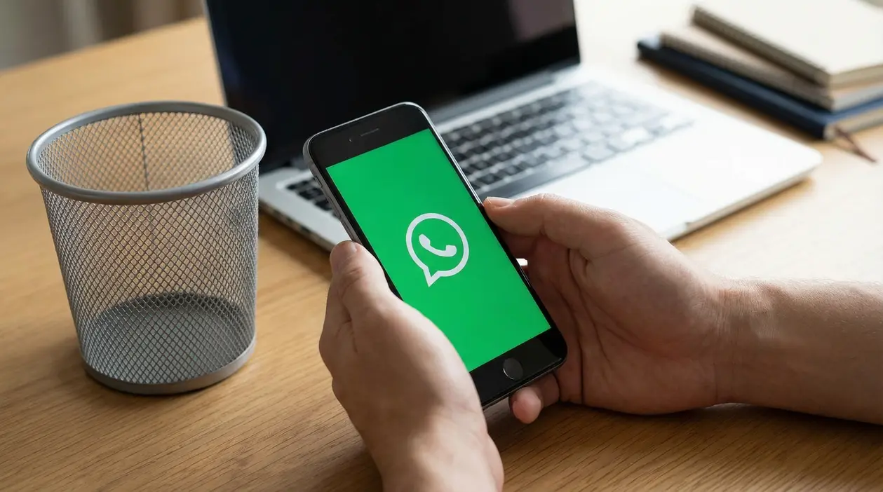 Persona tiene uno smartphone con schermata di WhatsApp accanto a un cestino e un laptop su una scrivania