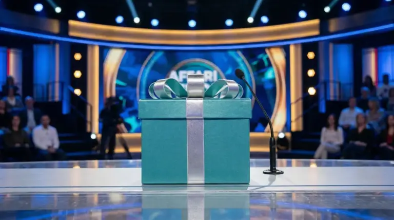 Un pacco regalo azzurro con nastro argentato su un tavolo in uno studio televisivo