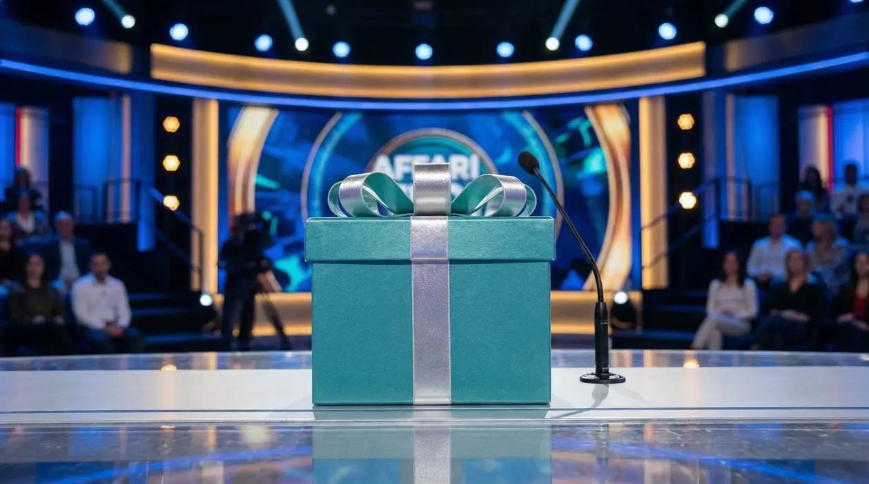 Un pacco regalo azzurro con nastro argentato su un tavolo in uno studio televisivo
