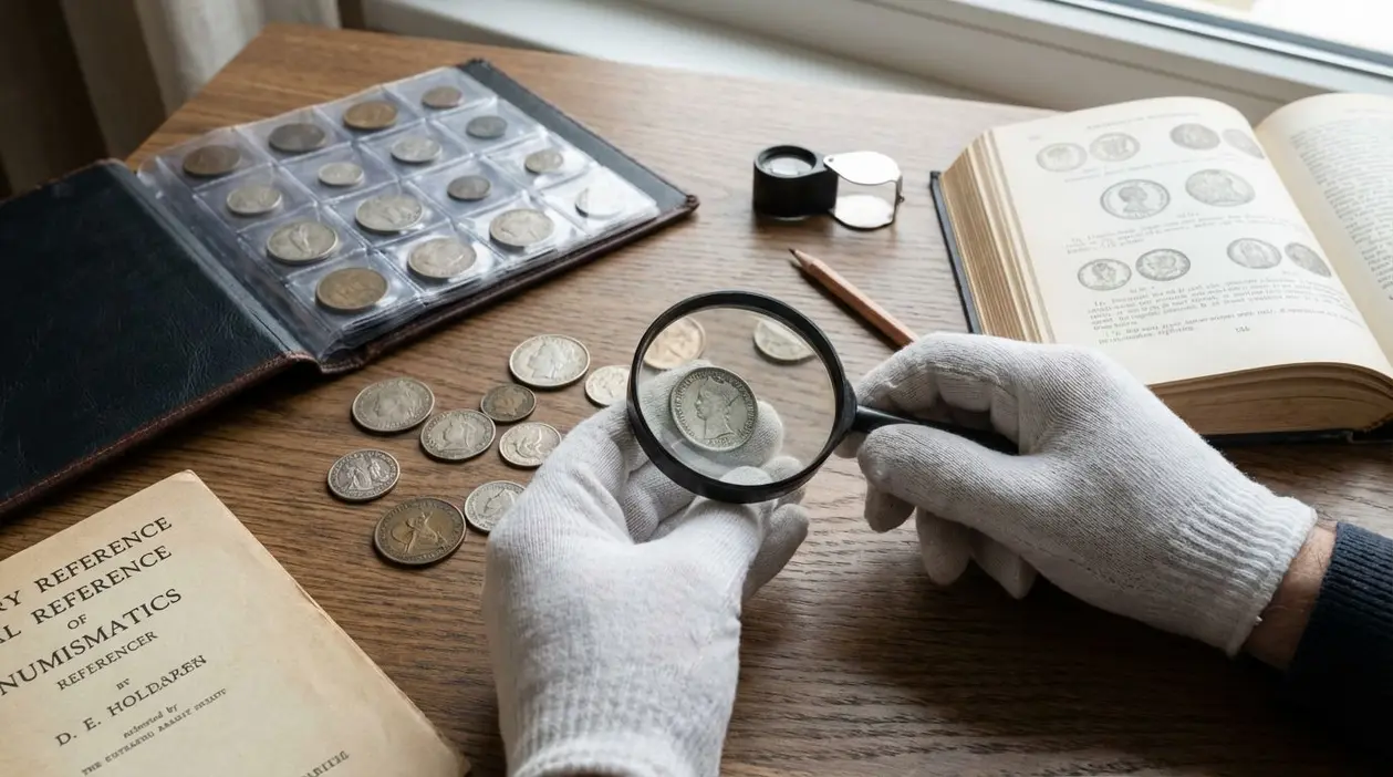 Persona con guanti bianchi esamina una moneta con lente d'ingrandimento su un tavolo con libri e monete antiche