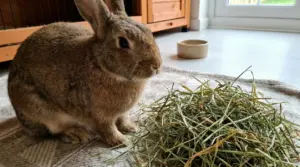 Coniglio seduto vicino a un mucchio di fieno su un tappeto in una stanza luminosa