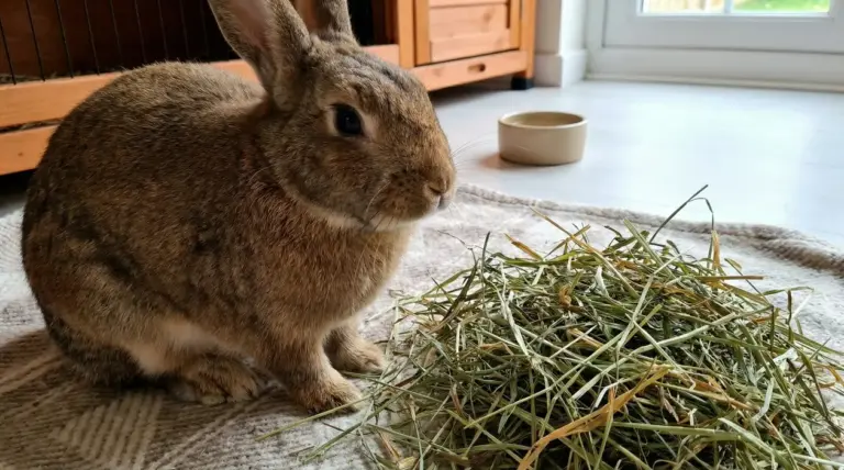 Coniglio seduto vicino a un mucchio di fieno su un tappeto in una stanza luminosa