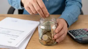 Persona inserisce una moneta in un barattolo pieno di contanti su una scrivania