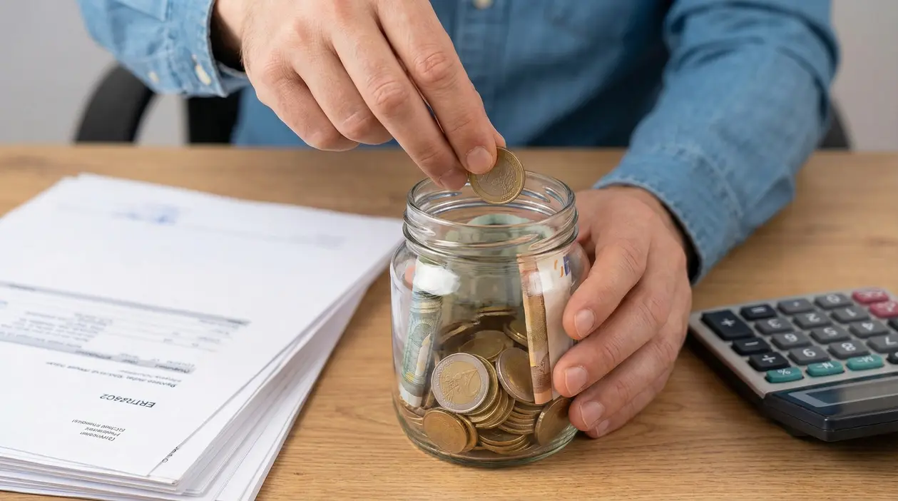Persona inserisce una moneta in un barattolo pieno di contanti su una scrivania