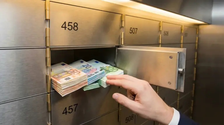 Mano che ripone mazzette di banconote in euro in una cassetta di sicurezza bancaria