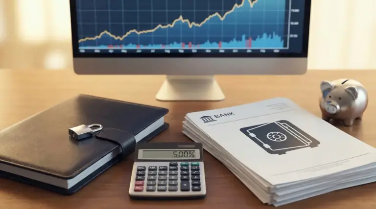 Scrivania con documenti bancari, calcolatrice che mostra 5%, salvadanaio e grafico su monitor