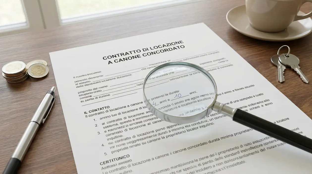 Contratto di locazione a canone concordato su un tavolo con lente, chiavi e monete