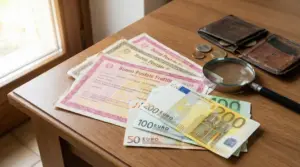 Buoni postali fruttiferi italiani con banconote in euro, lente di ingrandimento e portafoglio su un tavolo