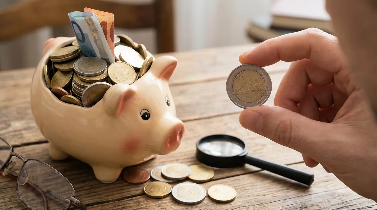 Mano che tiene una moneta da 2 euro vicino a un salvadanaio pieno di monete e banconote