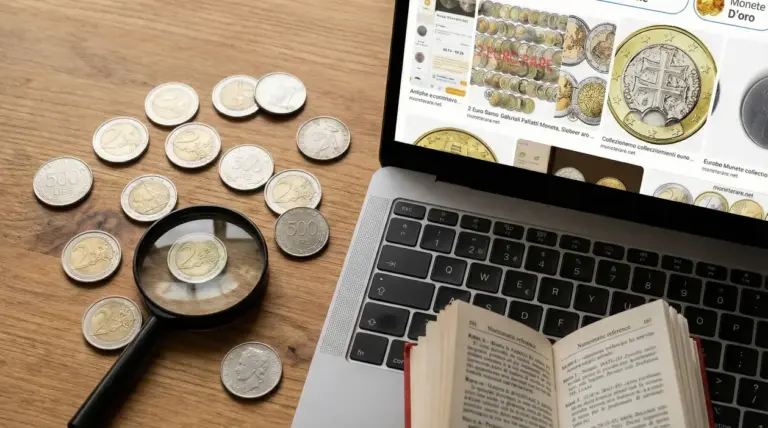 Monete sparse su un tavolo con lente d'ingrandimento, libro e laptop aperto su siti di numismatica