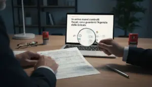 Due persone analizzano documenti fiscali davanti a un computer con informazioni sui controlli dell’Agenzia delle Entrate