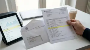 Persona esamina un estratto conto bancario accanto a un tablet con grafici finanziari