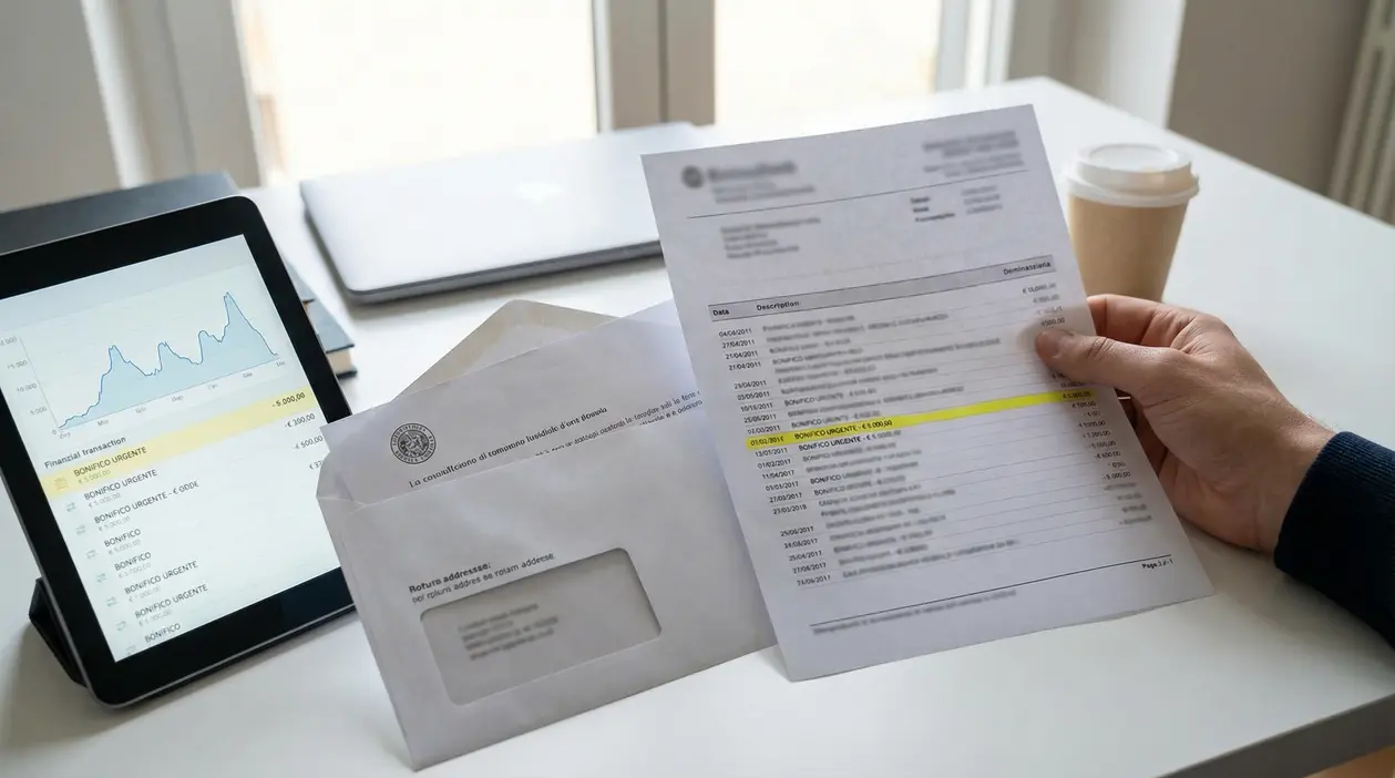 Persona esamina un estratto conto bancario accanto a un tablet con grafici finanziari