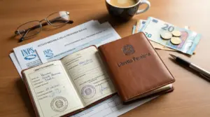 Libretto di pensione con documenti INPS, occhiali, euro, penna e caffè su una scrivania