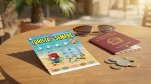 Gratta e vinci Turista per Sempre su tavolo con passaporto, monete e occhiali da sole