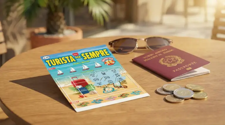 Gratta e vinci Turista per Sempre su tavolo con passaporto, monete e occhiali da sole