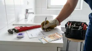 Un idraulico compila una fattura vicino a strumenti da lavoro e banconote in euro