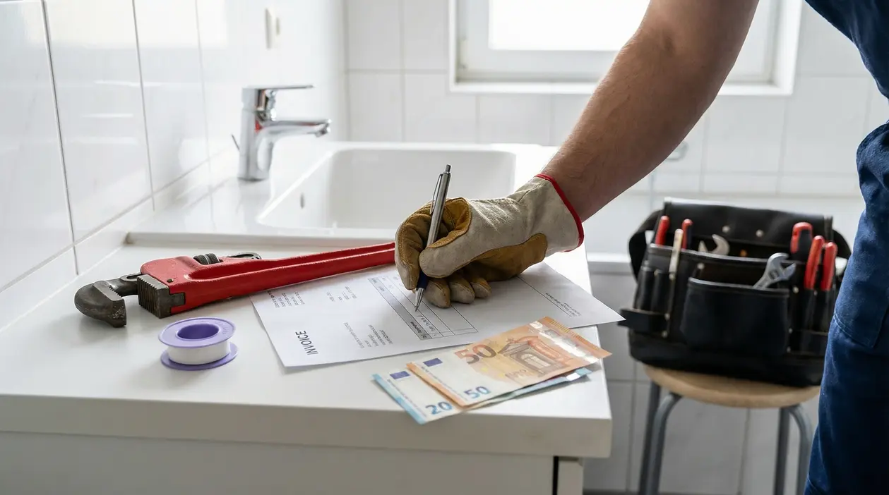 Un idraulico compila una fattura vicino a strumenti da lavoro e banconote in euro