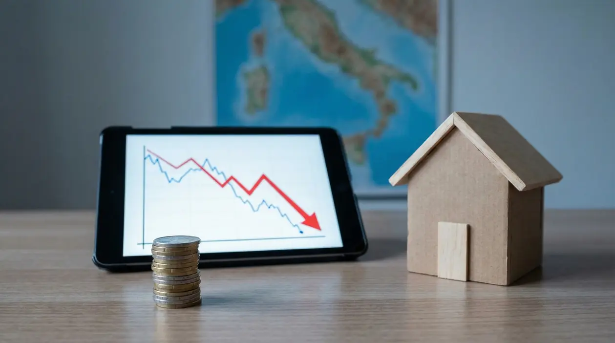 Monete impilate, grafico in calo su tablet e modellino di casa su scrivania