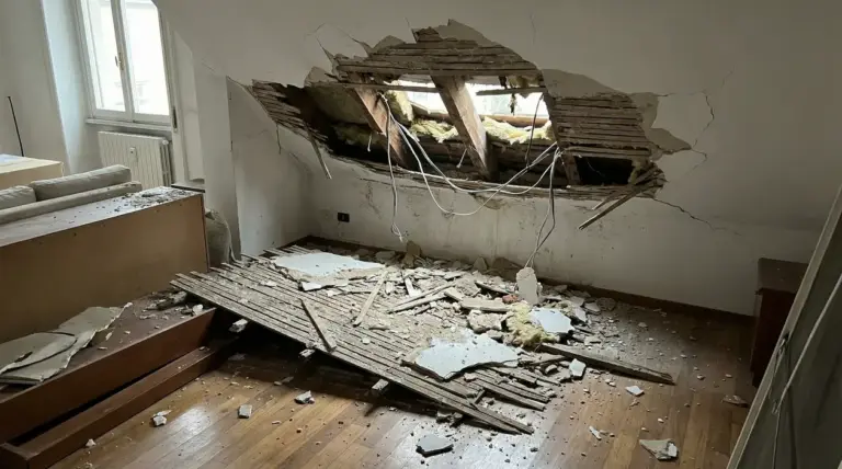 Soffitto crollato in un appartamento con detriti sparsi sul pavimento
