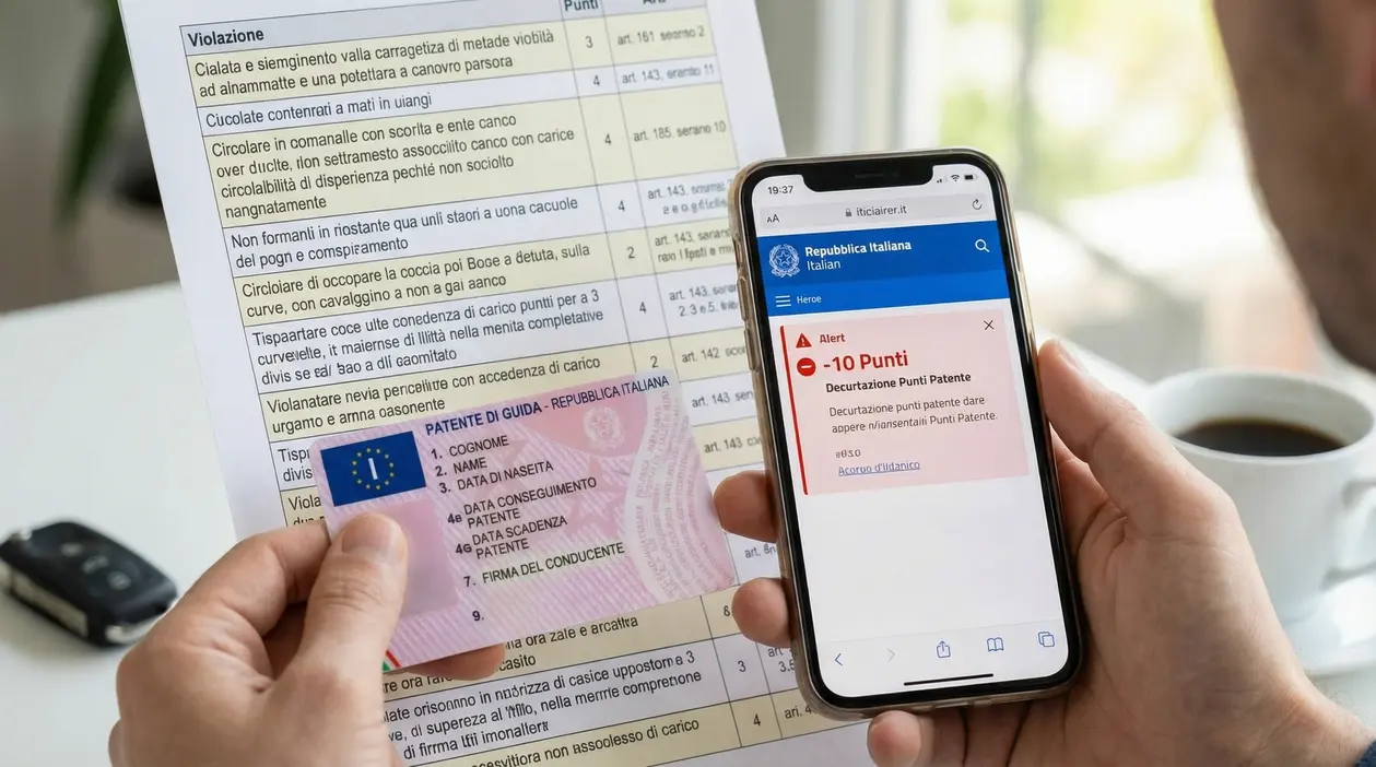 Persona tiene in mano una patente di guida e uno smartphone con una notifica di decurtazione punti patente