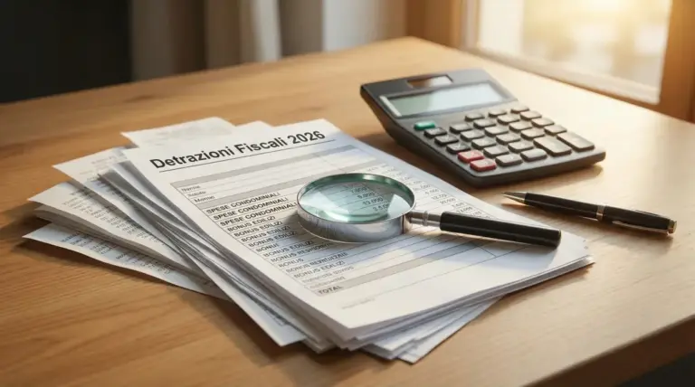 Documenti fiscali su un tavolo con lente d'ingrandimento, calcolatrice e penna.