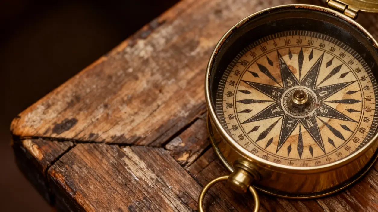 Bussola nautica d’epoca poggiata su una superficie in legno usurata