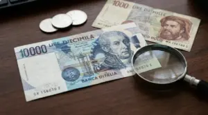 Banconote da 10.000 e 1.000 lire italiane con lente di ingrandimento e monete su tavolo in legno