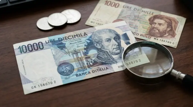 Banconote da 10.000 e 1.000 lire italiane con lente di ingrandimento e monete su tavolo in legno
