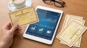 Mano che tiene un buono fruttifero postale accanto a un tablet con grafici finanziari