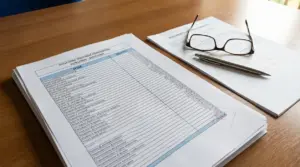 Documenti con rendiconto condominiale su un tavolo con occhiali e penna