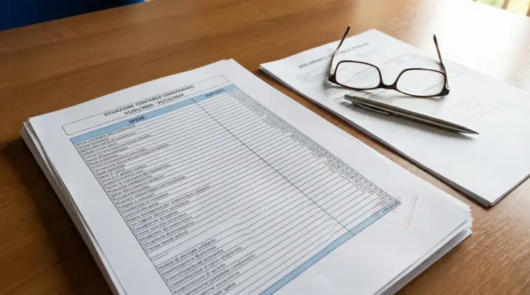 Documenti con rendiconto condominiale su un tavolo con occhiali e penna