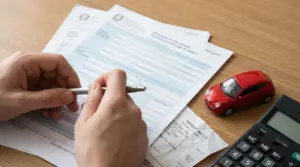 Persona compila moduli con accanto modellino di auto, ricevuta e calcolatrice.