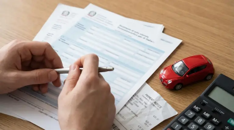 Persona compila moduli con accanto modellino di auto, ricevuta e calcolatrice.