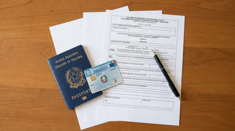 Documenti necessari per l'esenzione ticket tra cui modulo, passaporto e tessera sanitaria su un tavolo