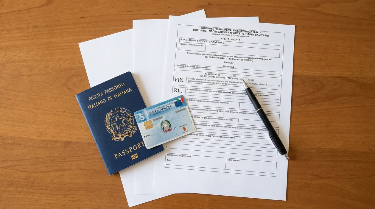 Documenti necessari per l'esenzione ticket tra cui modulo, passaporto e tessera sanitaria su un tavolo