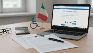 Scrivania con documenti INPS, computer portatile con sito sull'invalidità civile e bandiera italiana