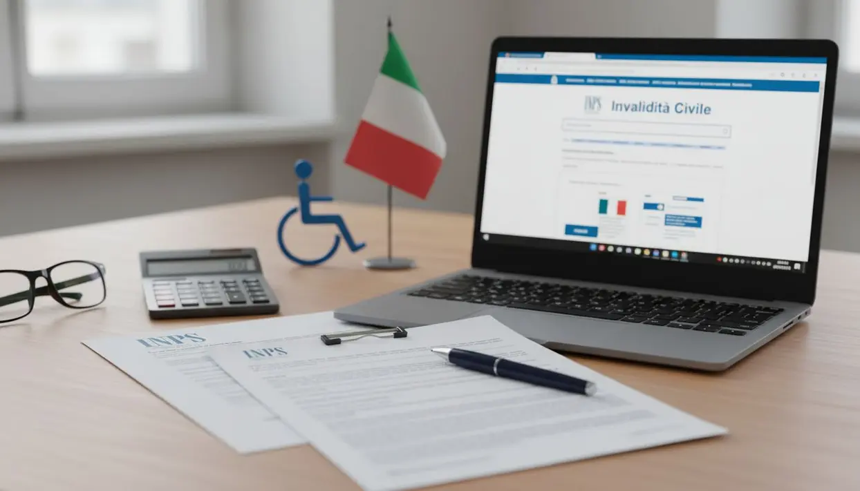 Scrivania con documenti INPS, computer portatile con sito sull'invalidità civile e bandiera italiana