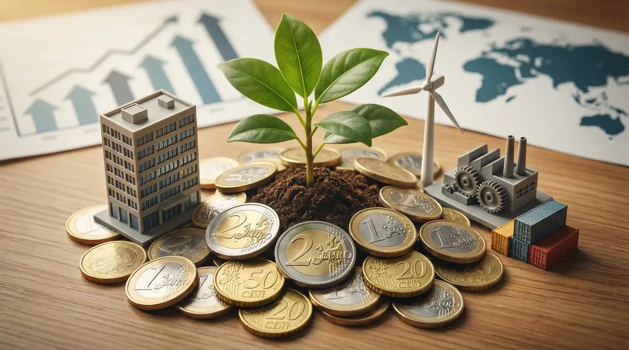 Monete euro attorno a una pianta con modellini di edificio, turbina eolica e fabbrica su un tavolo