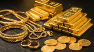 Lingotti, monete e gioielli d'oro su una superficie scura