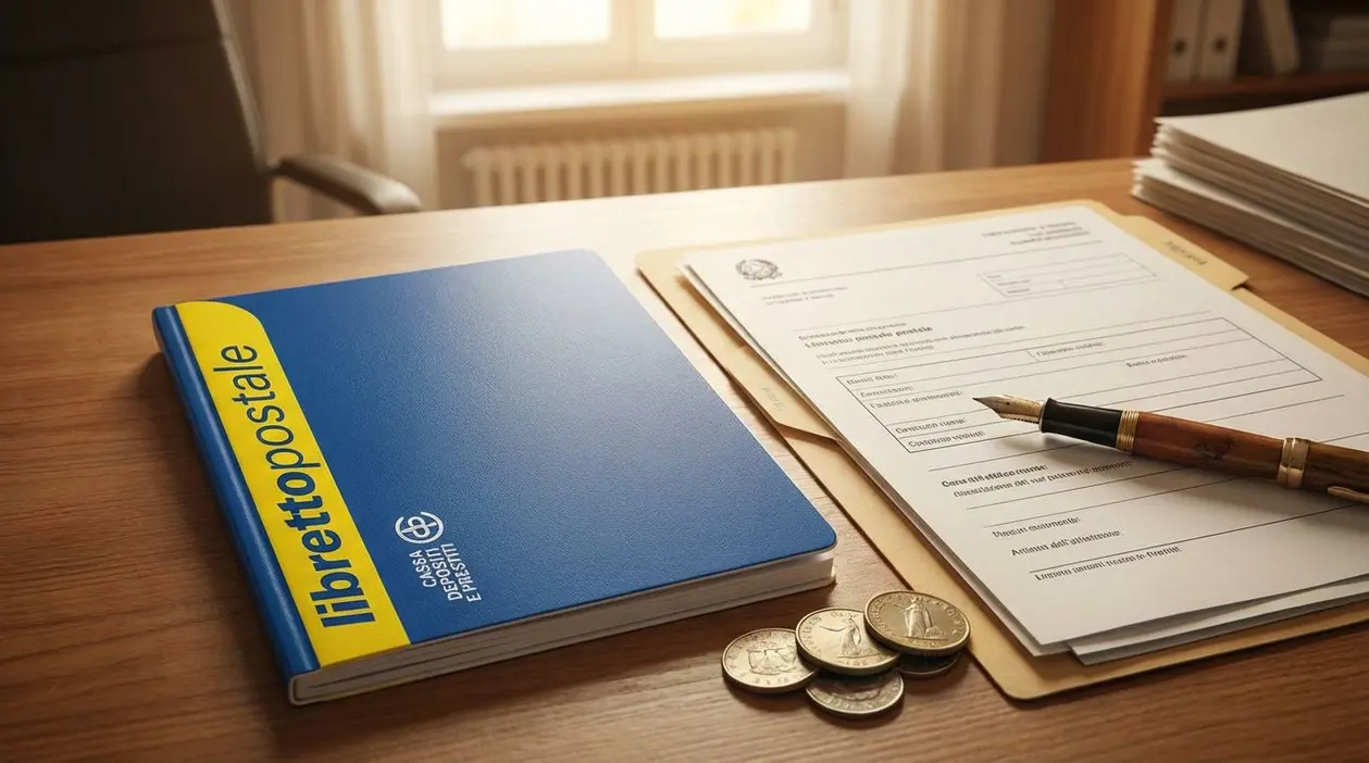 Libretto postale, moduli e monete su una scrivania illuminata dalla luce naturale