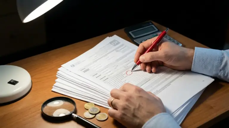 Persona che compila un modulo F24 su una scrivania con monete, lente d'ingrandimento e calcolatrice